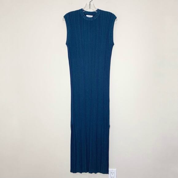 NEW Naadam Silk Cashmere Ribbed Knit Dress (Sz XS) Sleeveless Midi Maxi Blue - Picture 3 of 14